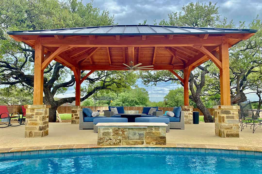 Spring Poolside Pavilion with Rustic Charm and Relaxing Seating Customized Patio